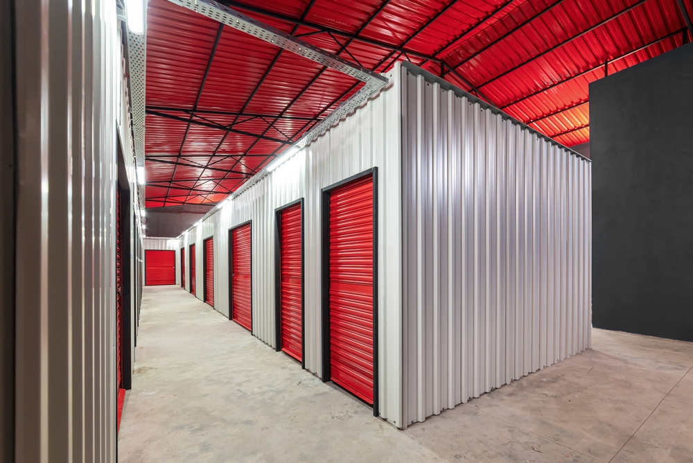Interior storage units with red doors