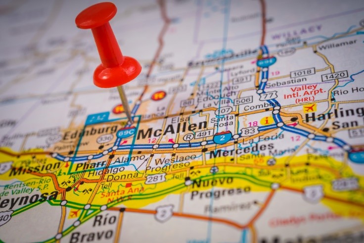 McAllen Texas on map with red thumbtack